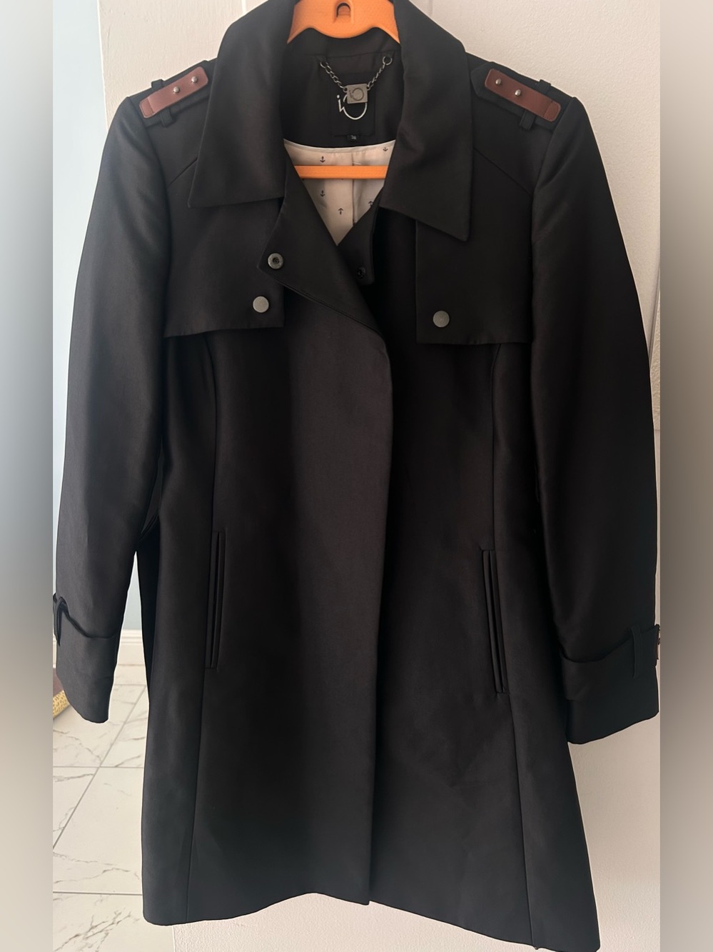 Women's Black Trench Coat with Epaulet Detail